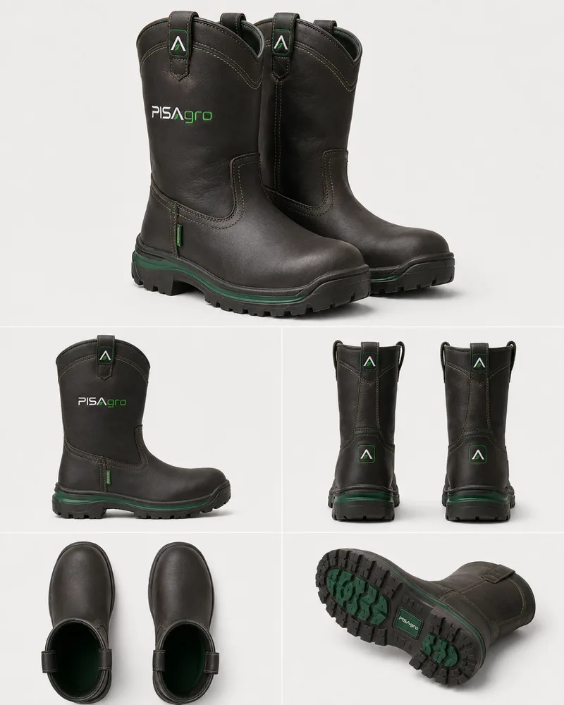 Bota de couro marrom-escuro com a marca PISAgro no cano, em cinco vistas