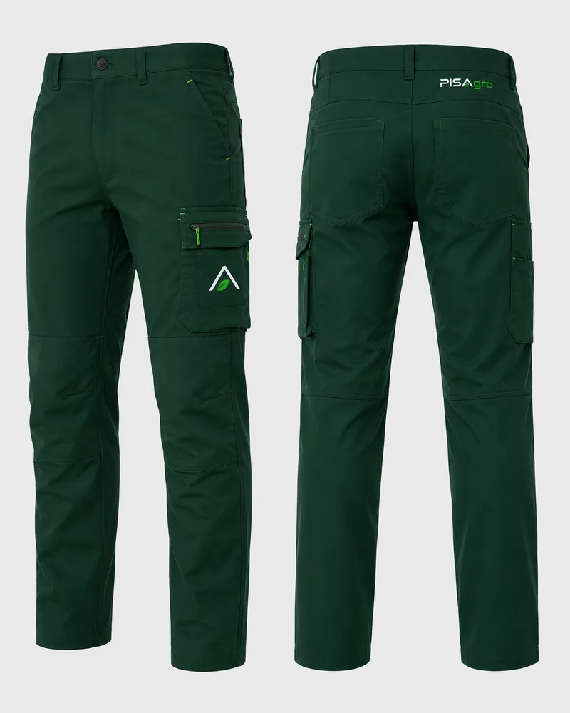 Calça cargo verde com o símbolo PISAgro no bolso, frente e costas