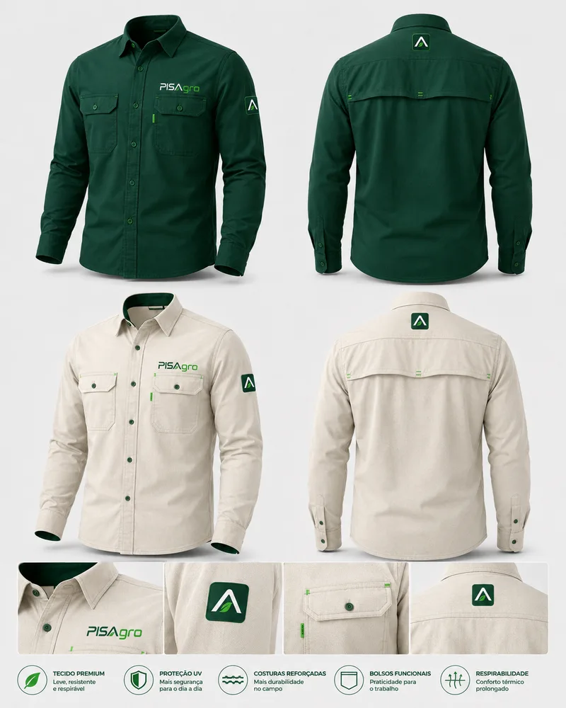 Camisa de campo de manga longa com a marca PISAgro, nas cores verde e bege