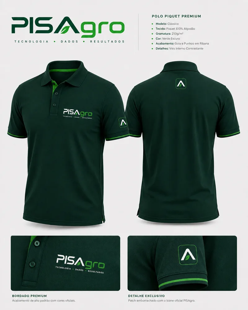 Camisa polo verde-escura com a marca PISAgro no peito, frente e costas